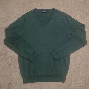 J Crew 100% Merino Wool Sweater Women Small Greem Slim Fit V-Neck Knit Pullover